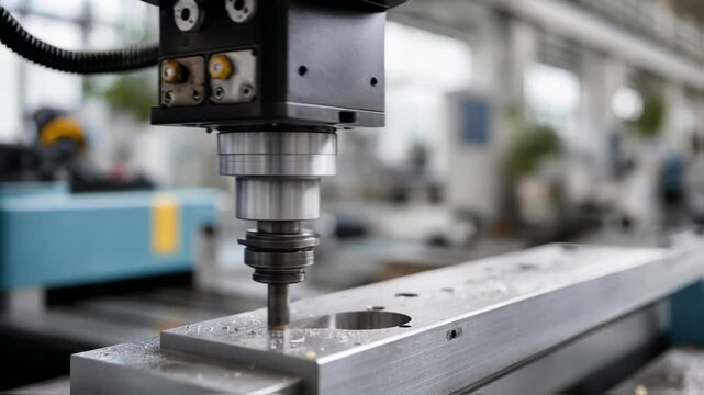 Industrial robotic drilling machine precisely processing metal workpiece, creating accurate holes during advanced manufacturing workflow in high tech production environment