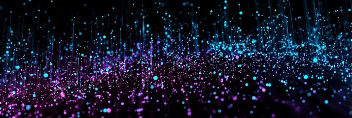A futuristic digital banner with glowing neon blue & purple particles on a dark cyberpunk-style background. Features holographic effects, circuit lines, and binary code. Ultra-HD 8K, ready for text