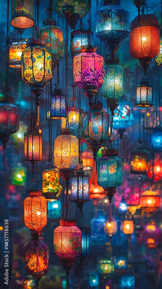Poster an array of brightly illuminated moroccan lanterns hangs, exhibiting intricate designs and vibrant c