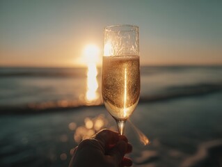 Sparkling champagne glass held at sunset beach.
