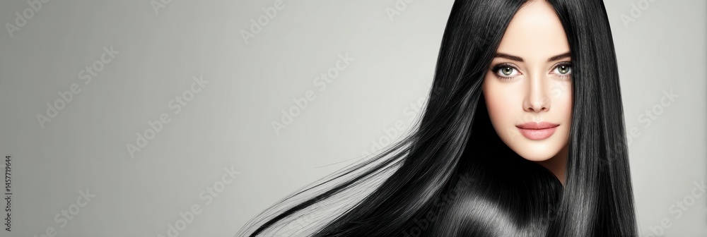 Aufkleber woman displaying long straight shiny black hair in a neutral background during a bright indoor setti