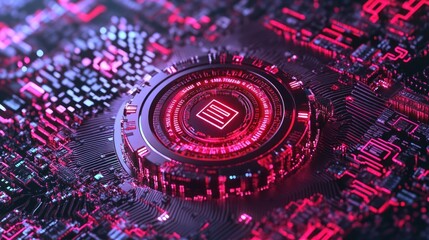 Glowing pink circular device on circuit board