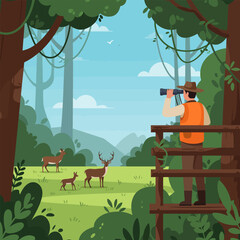 Naklejka premium Hunter Watching Deer Through Binoculars From Wooden Observation Post