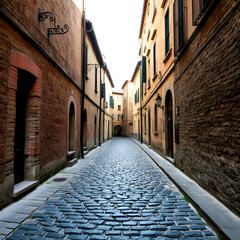 Fototapeta premium Textured cobblestone pathway in a narrow alleyway with aged buildings and rich history