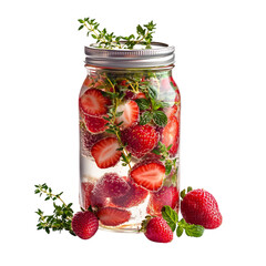 Strawberries Thyme and Coconut Water in Glass Isolated on Transparent Background