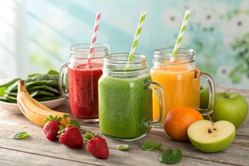 Colorful juices smoothies refreshing drinks healthy beverage photography - generated by ai