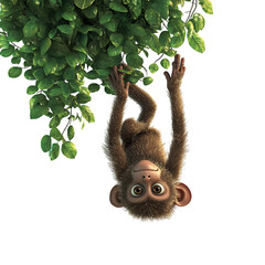 Cartoon Monkey Hanging Upside Down from Tree Branch Isolated on Transparent Background