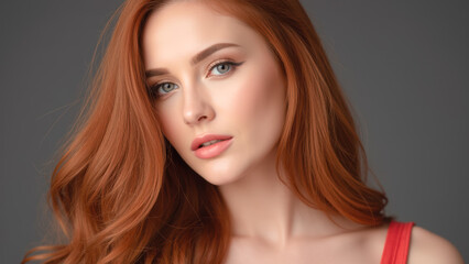 Fototapeta premium Portrait of Young Woman with Long Red Hair and Natural Makeup Against Gray Background