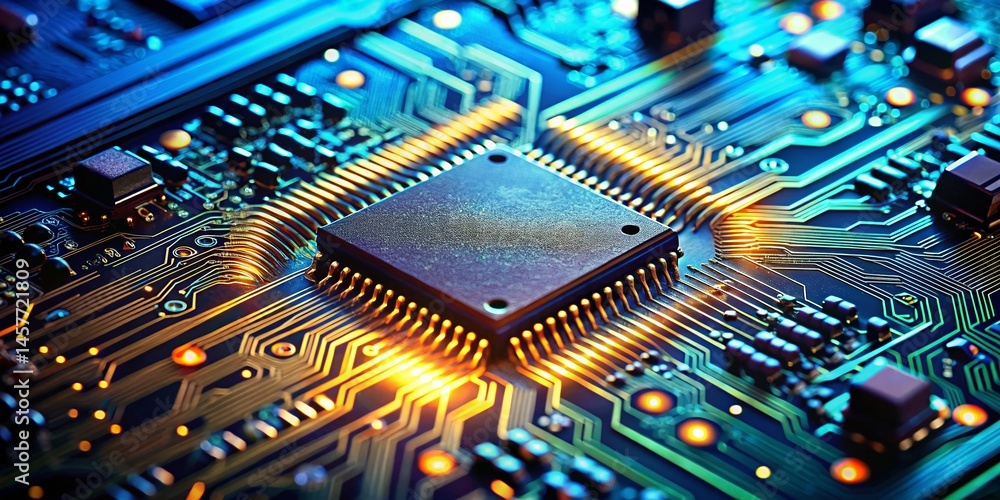 Poster high-detail microchip circuit board webpage button technology