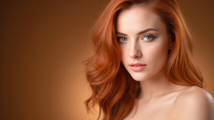Fototapeta premium Beautiful Woman with Red Hair and Green Eyes Against Soft Brown Background
