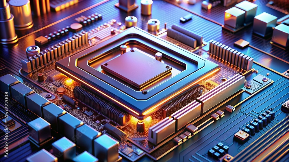 Poster high-resolution close-up of modern computer motherboard with cpu