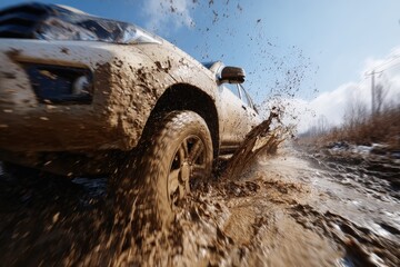 SUV aggressively conquers a muddy off-road trail.