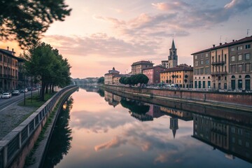 Fototapeta premium Serene cityscape dawn reflection tranquil waterway calm urban mood artistic image - generated by ai