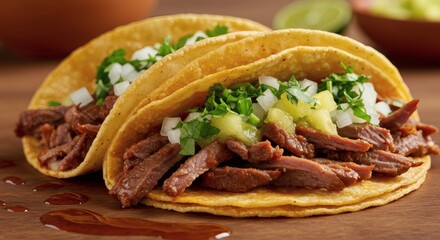 Close up shot of two tacos filled with meat onions and cilantro on a wooden surface delicious meal
