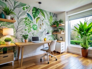 Fototapeta premium Home Office Makeover: Creative Nature Doodle Wall Decor & Architectural Details