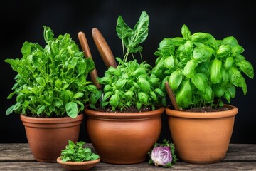 Terracotta Pots of Fresh Culinary Herbs On Weathered Wood Against Dark Backdrop