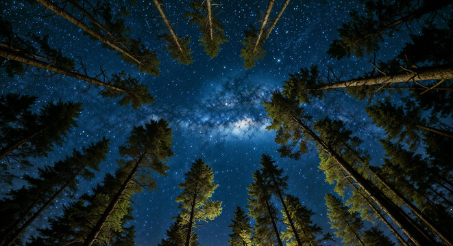 Starry Night Sky Milky Way Through Forest Pine Trees Looking Up - Powered by Adobe