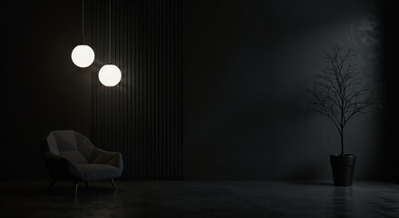 Minimalist Dark Room Interior Black Wall Modern Chair Pendant Lights