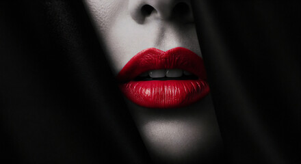 Vibrant Red Lips Black White Face Dark Fashion Makeup Close Up