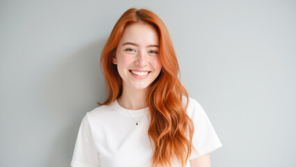 Fototapeta premium Happy Young Woman with Red Hair Smiling Against Soft Grey Background