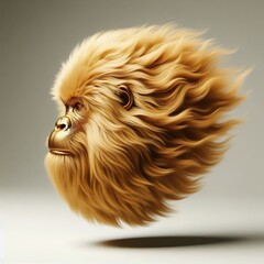 Naklejka premium a 3d floating, ultra-plush gold Ape head with long, luxurious fur, hovering slightly above a clean white surface