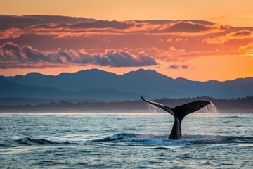 Obraz premium Whale Tail Silhouette at Sunset Ocean Landscape - generated by ai
