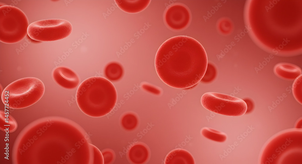 Poster close up red blood cells flowing on gradient red background with detailed 3d rendering