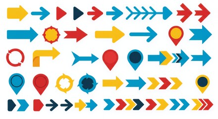 Colorful Arrow and Pointer Icons Collection: A diverse set of directional arrows and location pointers in vibrant colors, ideal for presentations, websites, and app design.