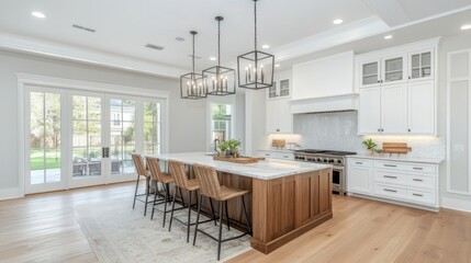 Spacious, modern kitchen with an island and large windows.