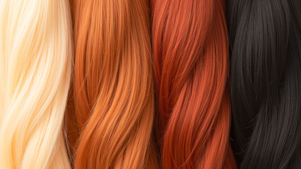 Naklejka premium Assorted Synthetic Hair Strands in Vibrant Shades of Blonde, Auburn, Red and Black