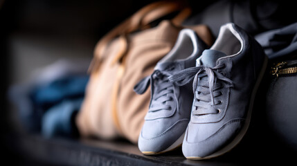 Close up of sneakers and bags packed for travel, ready for vacation or trip, with casual style and comfortable footwear