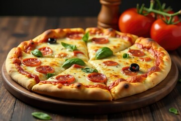 Artisanal pizza, perfectly baked, cheese pull, simple backdrop , classic, dough, recipe