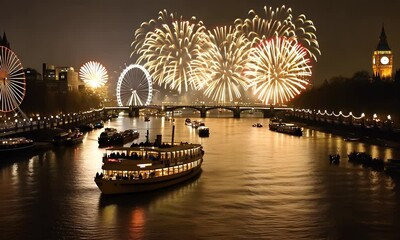 Fireworks over London River at Night. The fireworks display on New Year's Eve was very beautiful.