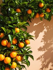 Bright orange tree with ripe citrus fruits hanging over a pastel wall with sunlight casting leafy shadows, perfect natural background for summer, organic or tropical themes

