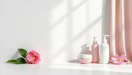 Clean, minimalist white backdrop for beauty products, bright, smooth