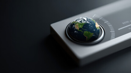 Digital climate dashboard with globe representing Earth, showing environmental data and emissions targets, sleek modern device