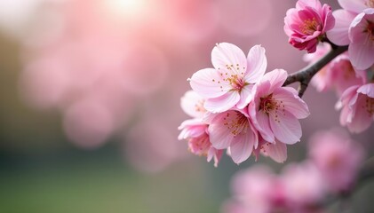 Obraz premium Delicate pink cherry blossoms, full bloom, soft focus, aesthetic, floral, spring background