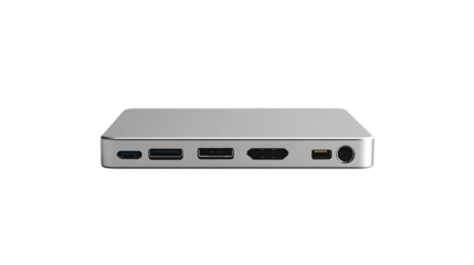 A silver rectangular device with various ports