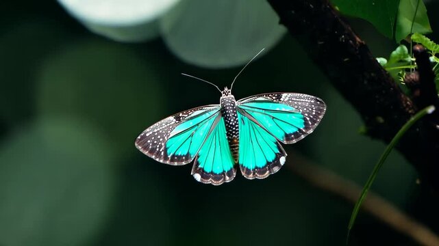 A Turquoise Moth with Silver Speckles Gliding Against a Shadowy Backdrop in Nature