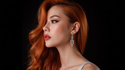 Fototapeta premium Elegant Portrait of a Woman with Stunning Jewelry Against a Dark Background