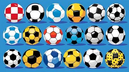 Top view of various colorful soccer balls on a vibrant blue background, ideal for sports-themed designs, playful graphics, or promotional material related to football and recreation

