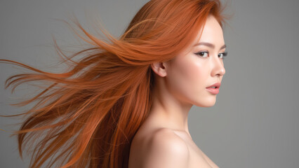 Elegant Profile of Woman with Flowing Orange Hair Against Neutral Gray Background