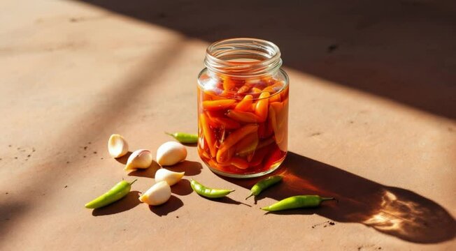 Jar of chili peppers in oil alongside garlic cloves with natural lighting