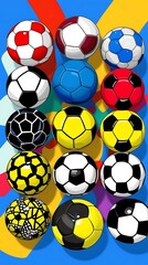 Top view of various colorful soccer balls on a vibrant blue background, ideal for sports-themed designs, playful graphics, or promotional material related to football and recreation

