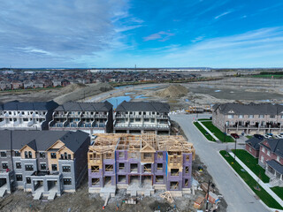 Aerial view of new housing development on the urban fringe of the north end of Brampton Ontario,...