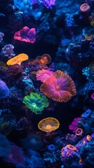 Fototapeta premium Bioluminescent coral polyps in vibrant orange, green, pink and purple thrive within a mesmerizing underwater reef