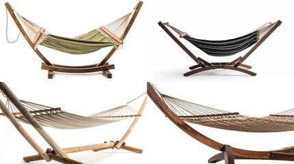 Four hammocks with wooden stands
