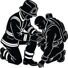 Firefighter vector Silhouette illustration Firefighter kneeling while checking pulseFirefighter kneeling while checking pulse