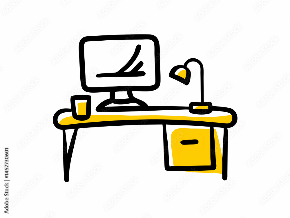 Poster office desk with computer and lamp simple style illustration