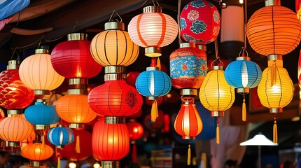 Vibrant Chinese lanterns hanging in rows at a night market or festival, showcasing rich colors, traditional patterns, and cultural celebration

